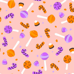 Halloween candies seamless pattern. Vector Halloween repeat print with candy corn, lollypop, sweets on pink background. Funny texture for fabric, decoration, wallpaper, wrapping paper, backdrop.
