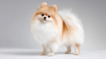 Fotobehang Dierenarts A fluffy Pomeranian standing confidently on a bright white studio backdrop  © Artittaya