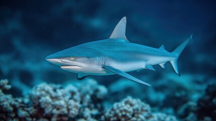 Fototapeta premium A head-necked shark passing by clusters of underwater rocks in dim blue light
