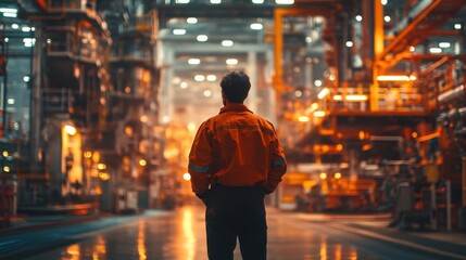 Industrial worker observing machinery operations in factory high-tech environment dramatic lighting