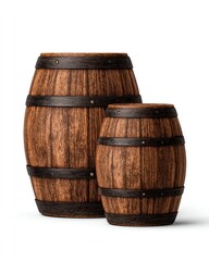 Two wooden barrels of different sizes, displaying rustic, hand-crafted design and textures.