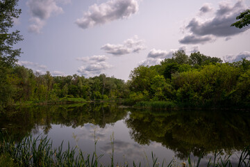 calm landscape on a steep bank with gentle clouds and reflection in the river