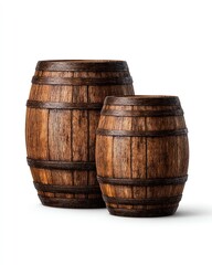 Obraz premium Two rustic wood barrels, different sizes, stand on a white background, conveying aged charm and craftsmanship.