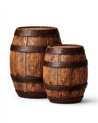 Obraz premium Two rustic wooden barrels of varying sizes stand side by side against a plain white backdrop, vintage style.