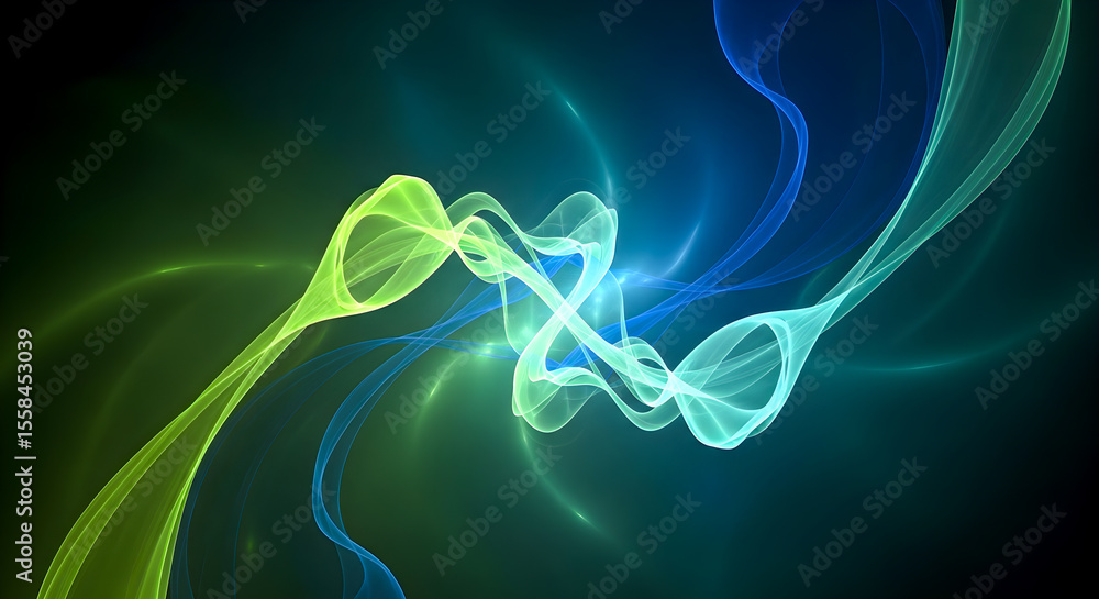 Poster captivating background shows green and blue flowing light streaks against a gradient backdrop provid