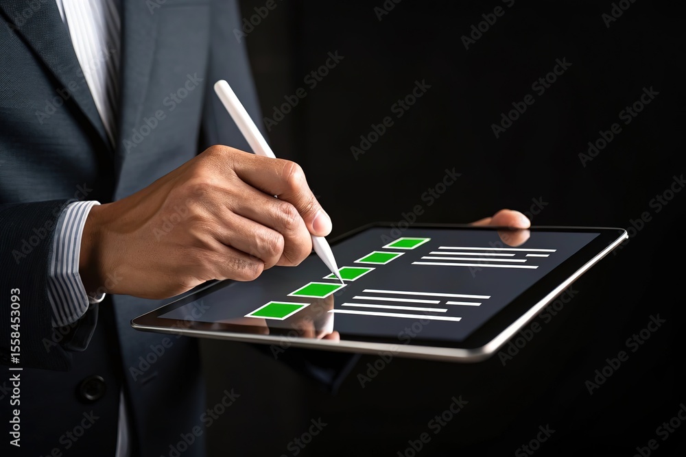 Poster businessman uses a stylus to check off items on a digital checklist displayed on a tablet screen