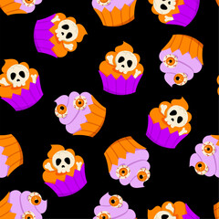 Halloween cupcakes seamless pattern. Vector Halloween repeat print with cute little cake, skulls, bones and zombie eyes on black background. Funny texture for fabric, decoration, wrapping, backdrop.