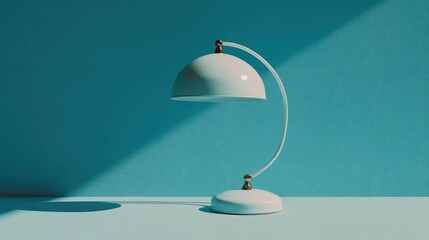 Modern desk lamp in white metal against sage blue surface