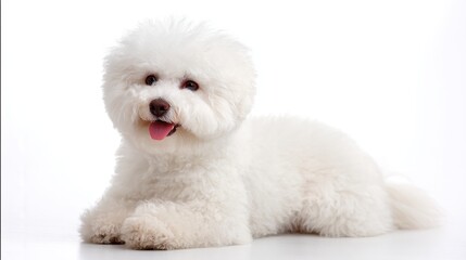 Obraz premium A small bichon frise with perfectly fluffed fur sitting neatly on white