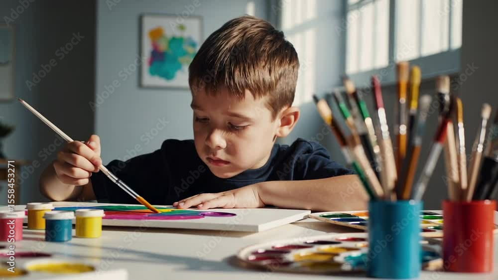 Poster Young student developing artistic skills while painting colorful landscape on canvas, sitting focused at classroom desk during creative art lesson