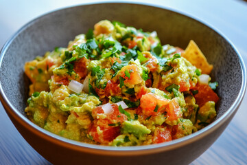 Freshly prepared guacamole features ripe avocados mixed with tomatoes, onions, and cilantro, served in a white bowl. Perfect for sharing at gatherings or enjoying as a snack