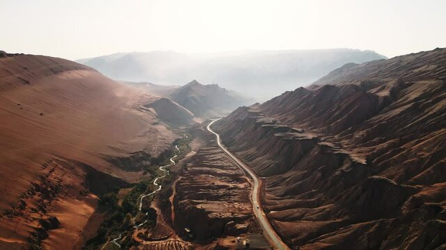 Aerial view of the Flaming Mountains in Turpan, western China. The silk road.