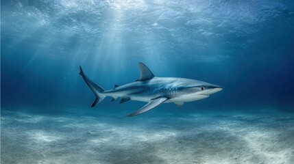 Naklejka premium Clean underwater shot of shark mid-turn with fins flexed and tail twisting