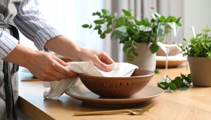 Woman Drying Dish Bowl On Wooden Table