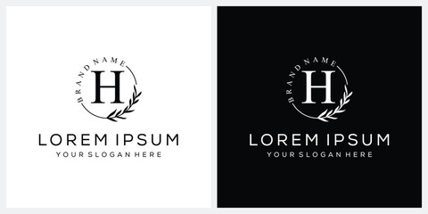 Initial letter H cosmetics fashion logo design, serif font graphic icon, leaves nature symbol concept
