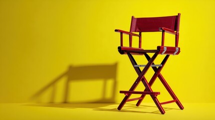 Deep red folding chair with studio shadows on lemon yellow background