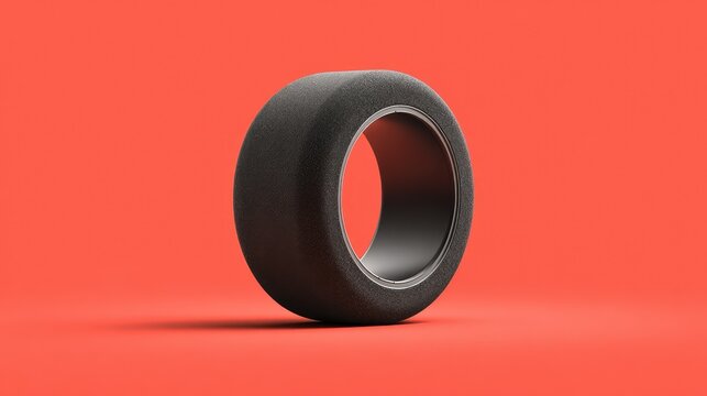 Rolled rubber tire displayed on bright coral red background