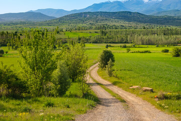 Rural dirt road through lush green countryside. Distant mountains provide a stunning natural...