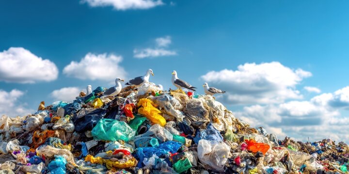 The seagulls perched atop a mountain of plastic waste under a clear blue sky.