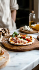 Colorful breakfast boards showcase homemade pizzas topped with tomatoes, mushrooms, and basil, placed on a wooden table in a warm and inviting kitchen atmosphere