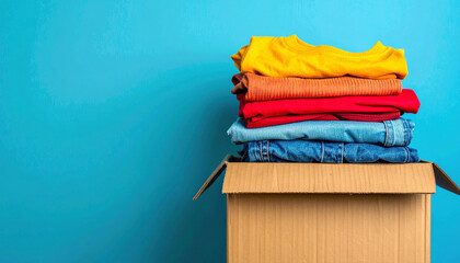 Vibrant clothes in cardboard donation box against blue backdrop. Charity and sustainability.
