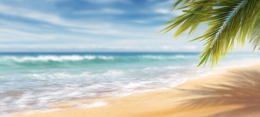 The tranquil beach with palm leaves framing the beautiful ocean view.