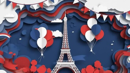 Festive bastille day illustration eiffel tower paper cutout france