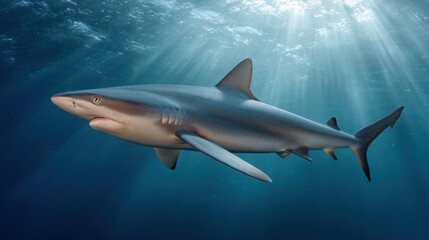 Fototapeta premium Isolated head-necked shark captured in motion in a clear, deep ocean background
