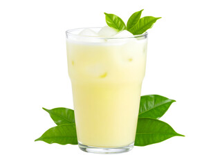 A vibrant glass of refreshing iced beverage with fresh green leaves offers a cool, natural delight.