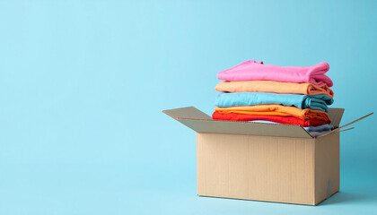 Vibrant clothes in cardboard donation box against blue backdrop. Charity and sustainability.