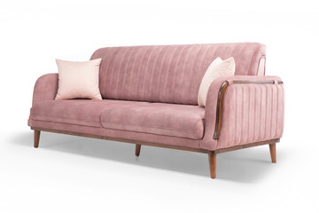 Three-quarter view of a pink retro-style sofa with cushions. Upholstered loveseat with wooden legs and arms, isolated on a white background for design.