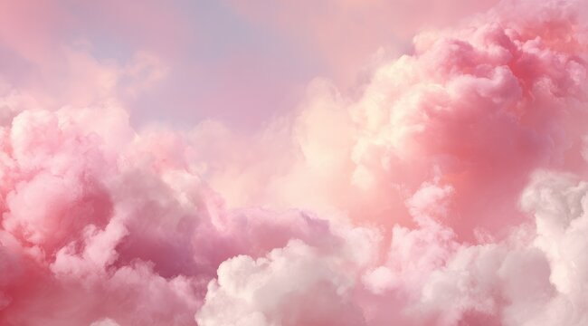 Ethereal dreamy sky with soft pink and white fluffy clouds, smoky blurred effect, ideal for e-commerce product backdrops.
