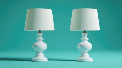 Twin white lamps symmetrically placed on bright mint background