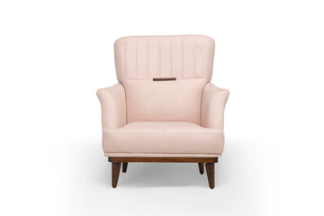 A stylish pink armchair with wooden legs and a comfortable cushion, isolated on a white background. Perfect for interior design and furniture concepts.