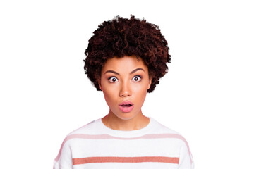 Close up photo of amazing dark skin lady with opened mouth listen unbelievable bad news wear fluffy...