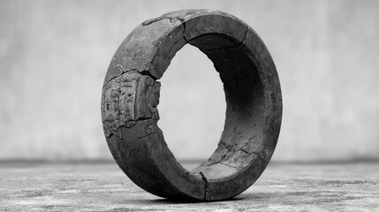 Worn tire with visible damage displayed on a textured gray background