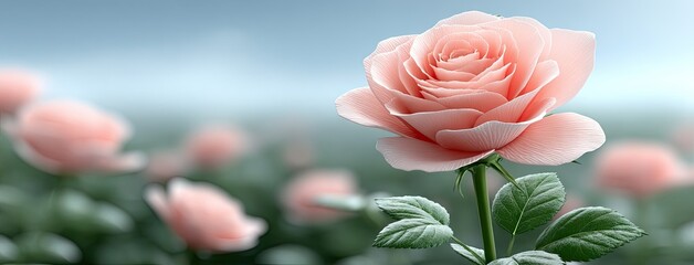 Vibrant rose in full bloom surrounded by soft pastels under a clear blue sky evokes a romantic atmosphere in lush greenery