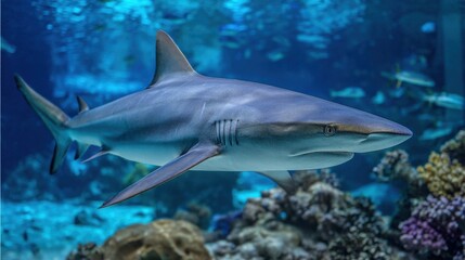 Fototapeta premium Vibrant blue background surrounding a lone head-necked shark in motion