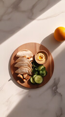 Fresh breakfast layout includes warm flatbreads, sliced cucumbers, a bowl of hummus, and a bright orange, all arranged on a light marble surface