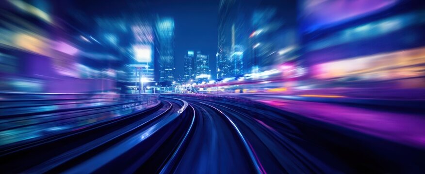 The vibrant cityscape illuminated by dynamic lights and swift transportation.