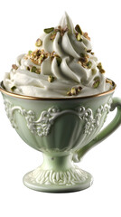 Delicate pistachio ice cream swirls in an elegant, ornate cup, a delectable dessert treat.