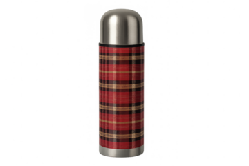 Red plaid thermos featuring a steel top and bottom, positioned on a transparent background, showcasing its stylish design and practicality