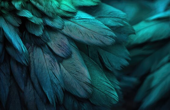 Beautiful teal green feathers with abstract background and texture