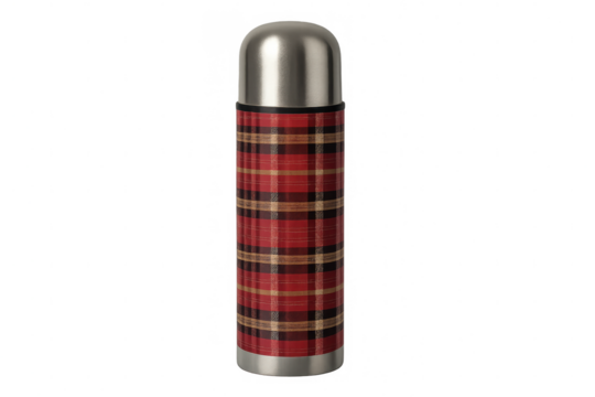 Red plaid thermos featuring a steel top and bottom, positioned on a transparent background, showcasing its stylish design and practicality