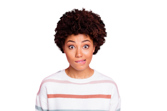 Photo of astonished stunned black youngster with eyes open wide wearing striped sweater biting lips staring isolated over pink color pastel background