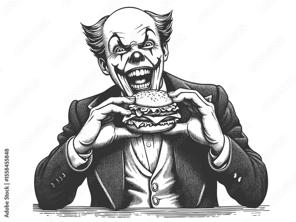 Poster sinister clown in formal attire smiling widely while holding a large burger with both hands sketch e