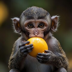 Young Monkey and Orange: A captivating moment as a young monkey tenderly cradles and enjoys a vibrant orange, capturing innocence and the simple joys of nature.