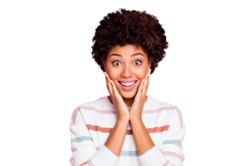 Photo of funny dark skin lady in best mood listen news about black friday shopping arms touch cheekbones wear white striped pullover isolated pink color background