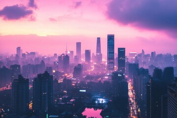 Fototapeta premium Cityscape at dusk featuring tall buildings under a pink and purple sky with a hazy atmosphere
