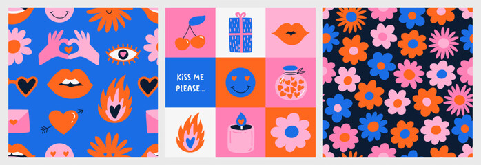 Obraz premium A vibrant collection of seamless vector patterns inspired by retro love aesthetics. Perfect for Valentine's Day projects, gift wrap, cards, posters, social media, and textile design. 